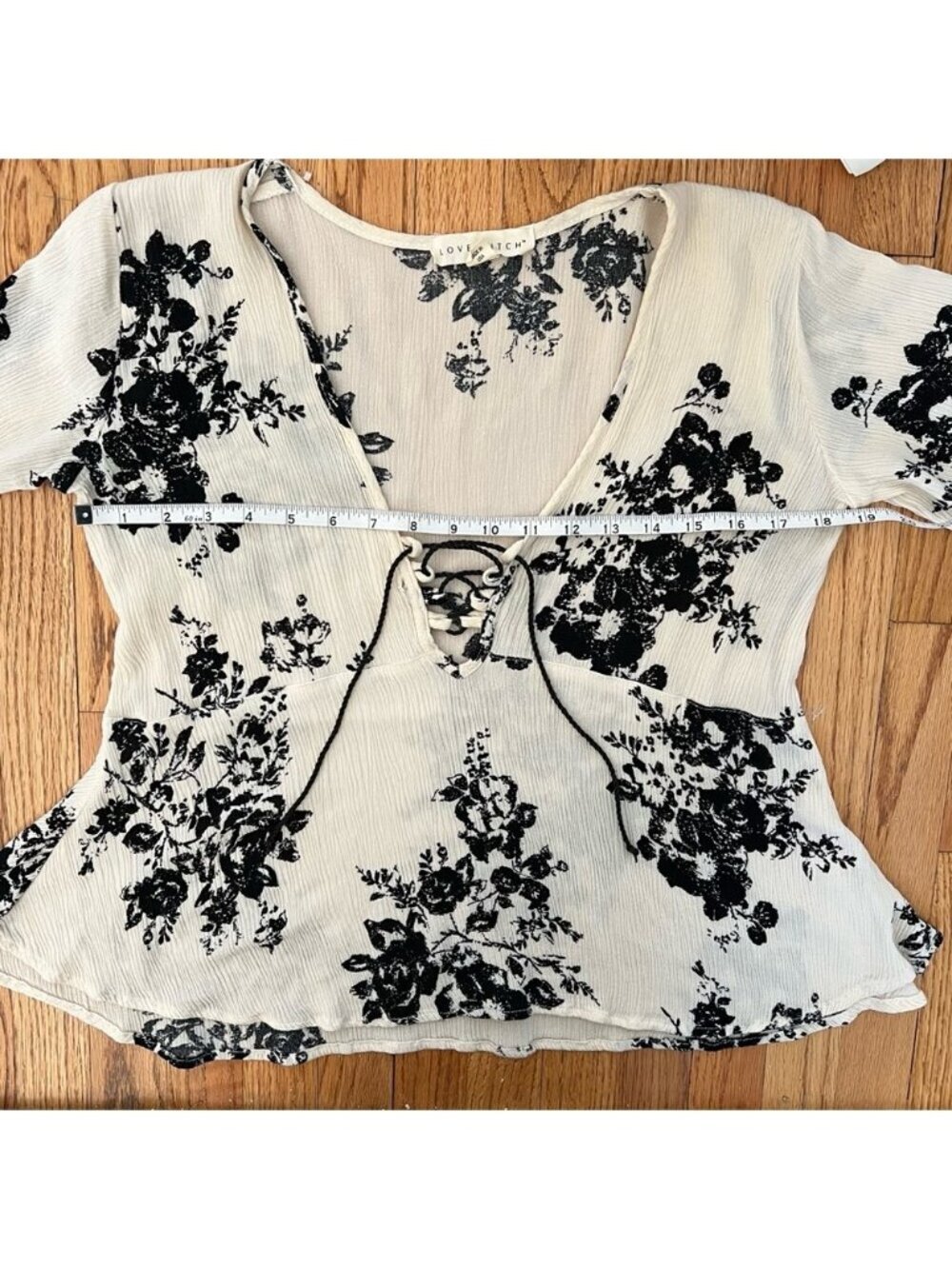 Anthropologie Lovestitch Black Cream Floral Top Sz M Boho Coquette Flowy Cotton - Picture 11 of 14